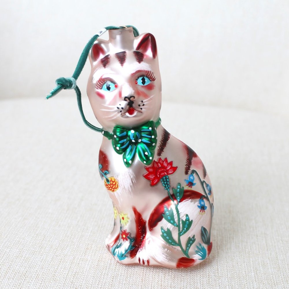 Anthropologie Nathalie Lete Pink Cat Ornament 2022 Glitterville Glass New w/Tag
